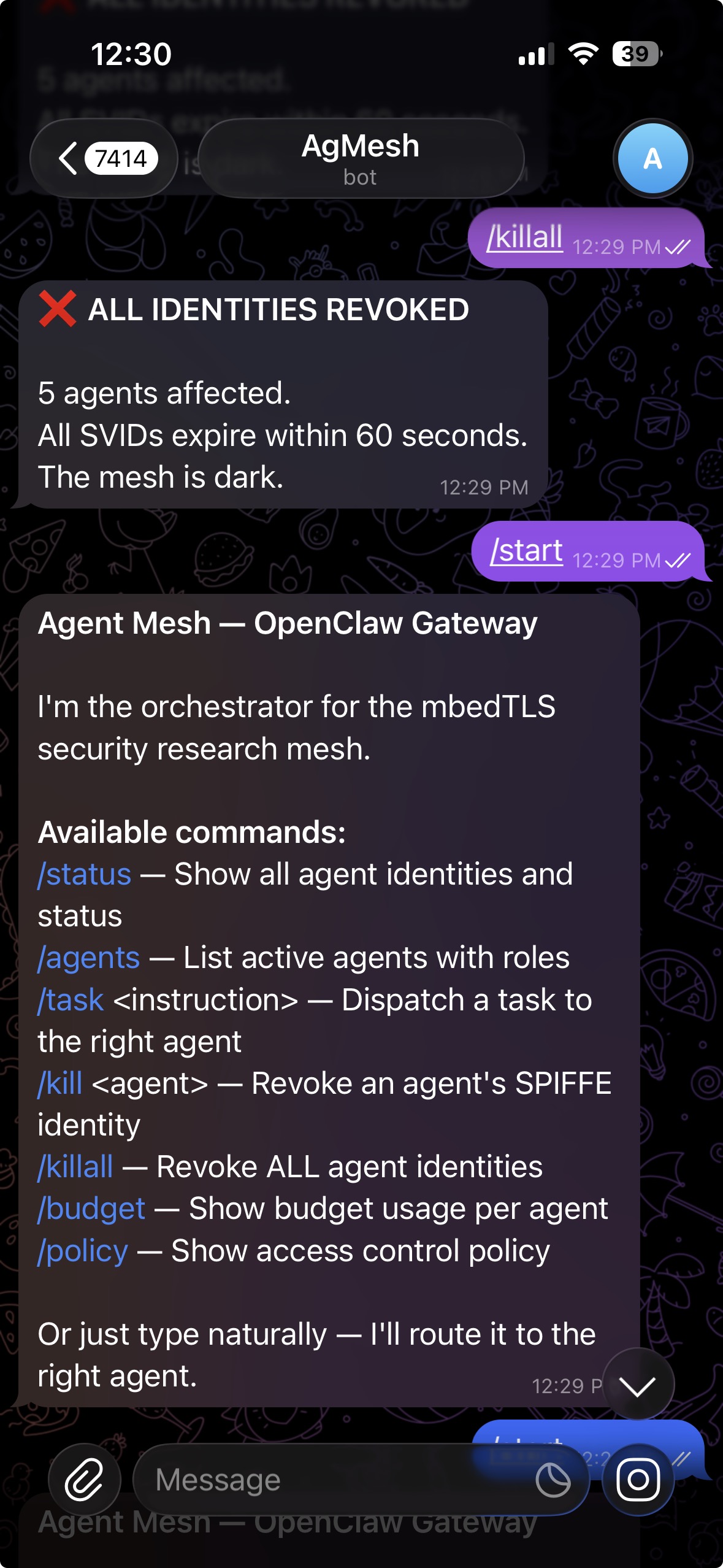 Telegram showing /killall command — all 5 agent identities revoked, SVIDs expire within 60 seconds