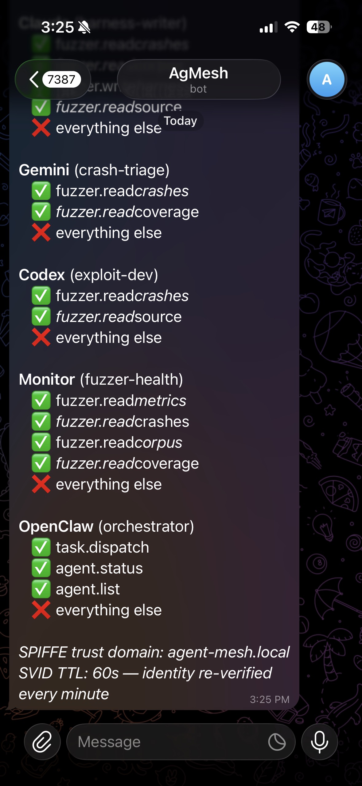 Telegram bot showing per-agent access control policy — exploit dev, monitor, and orchestrator permissions